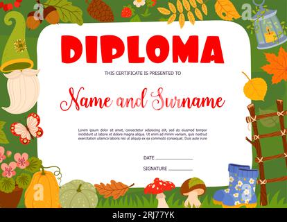 Kids diploma with gnome items, autumn leaves, plants and garden tools. Vector certificate with dwarven hat, beard, boots and lantern. Ladder, pumpkin, Stock Vector