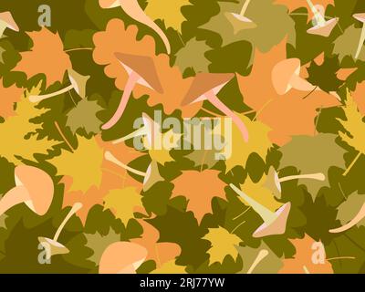 Autumn seamless pattern with leaves and mushrooms. Leaf fall, maple and oak leaves with different mushrooms. Design for wallpaper, print, typography a Stock Vector