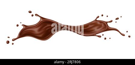 Realistic liquid chocolate wave flow splash. Isolated 3d vector delicious burst of melted choco dessert, flowing and swirling in a mesmerizing dance o Stock Vector