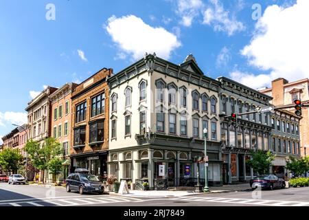 Troy, NY - US - Aug 13, 2023 Landscape view of the historic buildings lining the corner of 4th Street and Broadway in the Central Troy Historic Distri Stock Photo