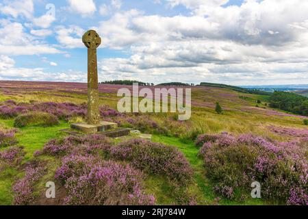 A Millennium Cross, erected by local residents to mark Year 2000 above Rosedale, North Yorkshire Moors, UK, in summer time when the heather is purple Stock Photo