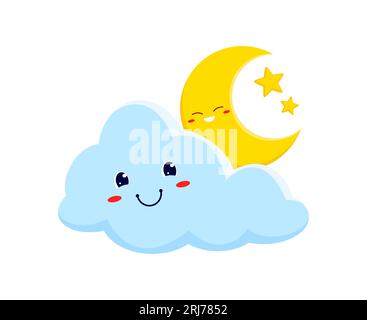 Sleeping moon with stars and cloud, funny weather forecast cartoon characters. Vector night time, sign, smiling cloud in sky and crescent moon. Bedtim Stock Vector