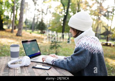 Freelancer working on laptop in autumn park. Stock Photo