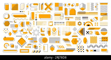 Memphis geometric shapes, vector collection of art and design elements featuring simple, clean lines and patterns. Yellow colored thin line art details representing modern and minimalistic aesthetics Stock Vector
