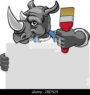 Rhino Painter Decorator Paint Brush Mascot Man Stock Vector