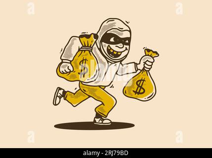 Bank robber character holding a money sack, vintage illustration Stock Vector