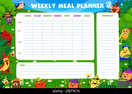 Weekly meal planner, cartoon cheerful berry characters on summer meadow ...