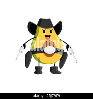 Cartoon avocado cowboy and sheriff, bandit and robber, ranger mexican food character. Isolated vector bold and unconventional personage armed with guns excuding daring nature and unyielding spirit Stock Vector