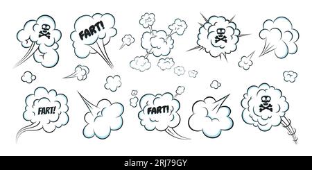 Smelling pop art comic book cartoon fart cloud flat style design vector illustration set with text and skull with crossed bones. Bad stink or toxic ar Stock Vector