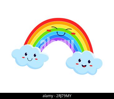Funny rainbow and smiling clouds, cute characters. Vector rainbow emoticon for weather forecast, kawaii emoji of weather, meteorology sign Stock Vector