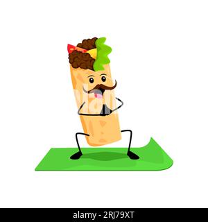 Cartoon Tex Mex Mexican food burrito character on yoga fitness. Mexican cuisine, fast food takeaway meal cute personage, Mexican Tex Mex burrito isolated vector funny mascot doing squats on yoga mat Stock Vector