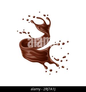 Realistic chocolate milk swirl splash wave, vector dark cocoa drink. Isolated 3d melted chocolate whirlwind with falling drops and creamy texture. Cacao milk shake, choco sauce or glaze swirl splash Stock Vector