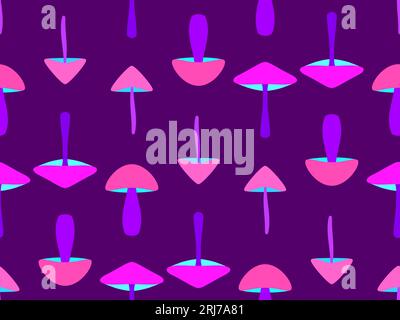 Colorful mushrooms seamless pattern. Mushroom on a long stalk in the style of the 80s. Hallucinogens and psychedelic mushrooms. Design for posters, ba Stock Vector