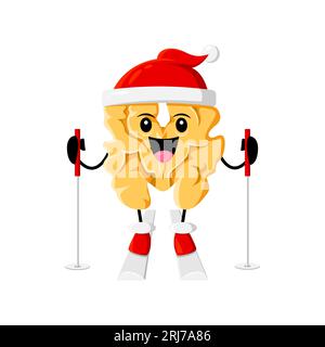 Cartoon walnut Christmas character skiing. Isolated vector nut personage standing on skis with sticks and a big smile, showcasing a fun and playful winter activity during Xmas vacations Stock Vector