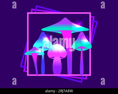 Magic mushrooms in a square frame. Fairy mushrooms with a bright glow. Fabulous fluorescent glowing mushrooms. Bioluminescent fungus. Design for poste Stock Vector