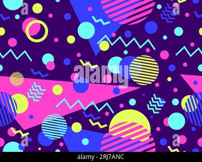 80s seamless pattern with geometric shapes in memphis style. Circles and triangles. Colorful abstract background for printing on promotional items, ba Stock Vector