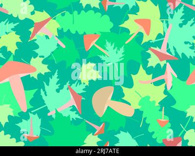 Autumn seamless pattern with leaves and mushrooms. Leaf fall, maple and oak leaves with different mushrooms. Design for wallpaper, print, typography a Stock Vector
