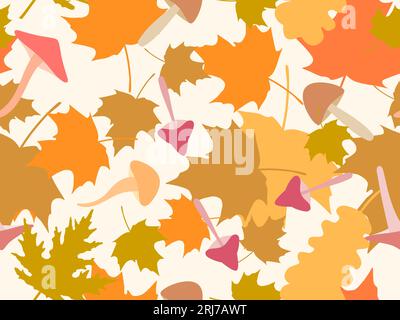 Autumn seamless pattern with leaves and mushrooms. Leaf fall, maple and oak leaves with different mushrooms. Design for wallpaper, print, typography a Stock Vector