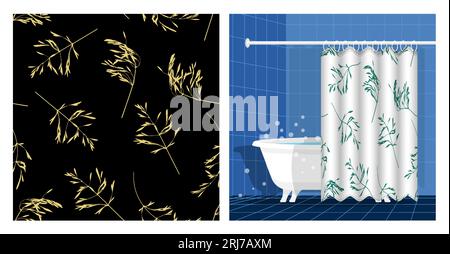 Bathroom interior with bathtub and curtain decorated cereal grass leaves silhouettes seamless pattern. Autumn field grass. Vector illustration, orname Stock Vector