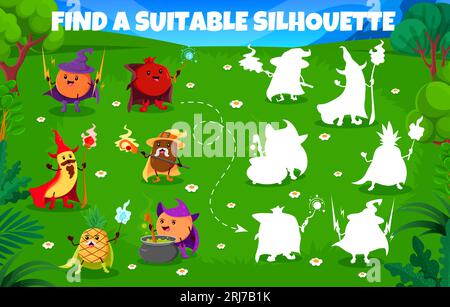 Find a suitable silhouette of cartoon halloween fruit wizards and mages. Silhouette matching game vector worksheet with orange, pomegranate, banana and kiwi, pineapple, peach sorcerer funny personages Stock Vector
