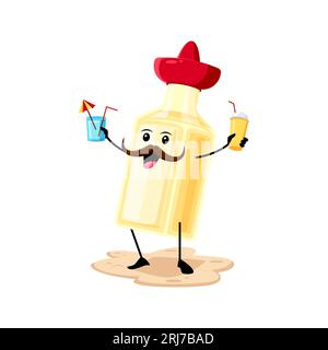 Cartoon funny tequila bottle character with cocktail on summer vacation. Isolated vector cheerful alcohol drink flask enjoying fresh juice. Funny personage with beverages. relax on sea beach or pool Stock Vector