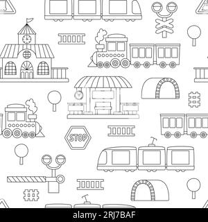 Vector black and white railway transport seamless pattern. Funny line railroad transportation repeating background with train, steam train, tunnel for Stock Vector