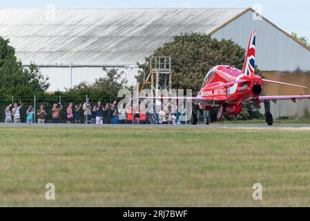 RAF Red Arrows Hawk at London Southend Airport, Essex, UK. Using the airport to display at south east England airshows. People attracted to watch Stock Photo
