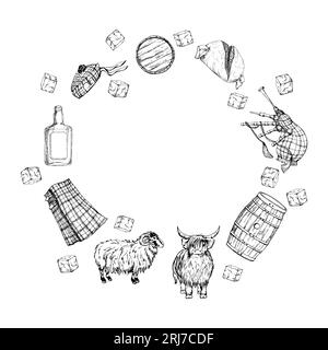 Ink hand drawn vector sketch set of isolated object. Scotland symbols. Tartan traditional menswear, bagpipes, whisky, sheep. Design for tourism Stock Vector
