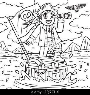 Pirate and Chest Floating Over Sea Isolated Stock Vector Image & Art ...