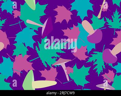 Autumn seamless pattern with leaves and mushrooms. Leaf fall, maple and oak leaves with different mushrooms. Design for wallpaper, print, typography a Stock Vector