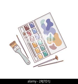 Watercolor paints in cuvettes, a palette, a set of different artistic brushes. Round and flat, flute brush and fan. Vector illustration in doodle styl Stock Vector