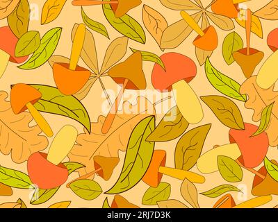 Autumn seamless pattern with leaves and mushrooms. Leaf fall, maple and oak leaves with different mushrooms. Design for wallpaper, print, typography a Stock Vector