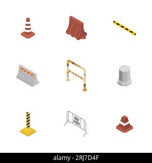 Under construction design elements. Set of different signs road repairs, isolated on white background. Flat isometric style, 3D vector illustration. Stock Vector