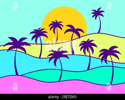 Wavy colorful landscape with silhouettes of palm trees against the background of the rising sun. Wavy landscape in line art style. Design for print t- Stock Vector
