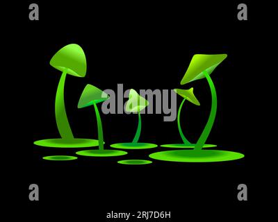 Green bioluminescent mushrooms on a black background. Fluorescent luminous mushrooms on a long stem. Bioluminescent fungi glow. Design for banner, pos Stock Vector