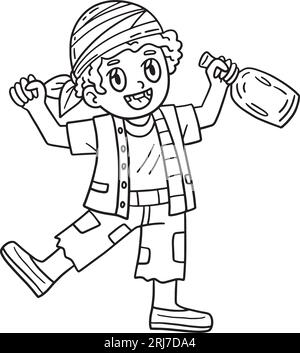 Pirate with Barrel of Rum Isolated Coloring Page Stock Vector