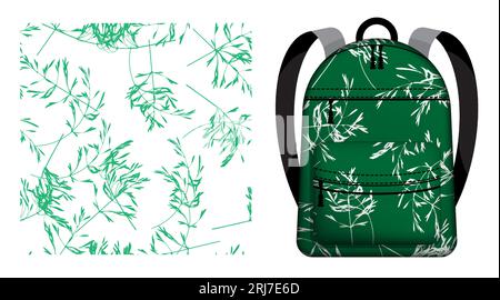 Children school backpack decorated cereal grass leaves silhouettes seamless pattern. Autumn field grass floral ornate. Vector ornament for design of p Stock Vector