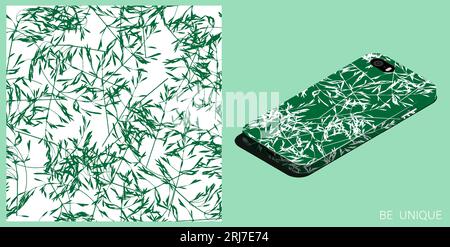 Modern smartphone in unique case decorated three and four leaf clover seamless patterns. Clover leaf floral ornament. Isometric top view. Vector ornam Stock Vector