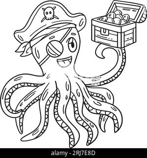 Pirate Octopus Holding Chest Coloring Illustration Stock Vector Image ...