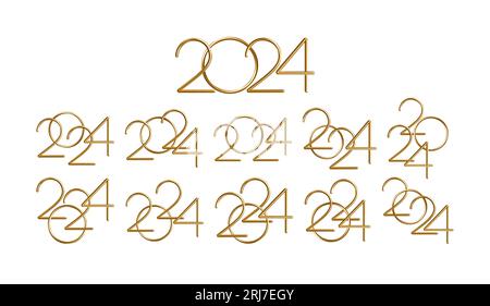2024 gold number Happy New Year. Calendar header, greetings, Happy New Year 2024 greeting cards. 3d vector realistic illustration EPS10 Stock Vector
