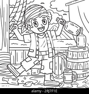 Pirate with Barrel of Rum Coloring Page for Kids Stock Vector