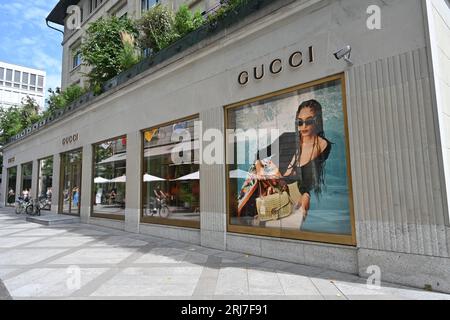 Shield of Gucci boutique Italian luxury goods manufacturer from Florence in downtown of Zurich in Switzerland Stock Photo Alamy