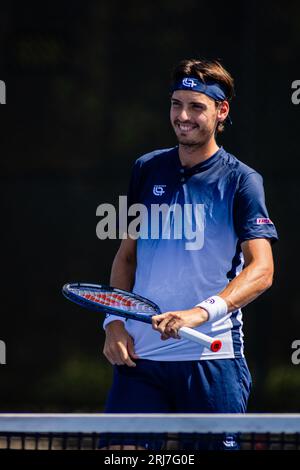 August 20, 2023: Marc-Andrea Huesler smiles before his match against Alexander Shevchenko during the first round of 2023 Winston-Salem Open at Wake Forest Tennis Complex in Wnston-Salem, NC. (Scott Kinser) (Credit Image: © Scott Kinser/Cal Sport Media) Stock Photo