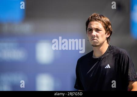 August 20, 2023: Alexander Shevchenko prepares for his match against Marc-Andrea Huesler during the first round of 2023 Winston-Salem Open at Wake Forest Tennis Complex in Wnston-Salem, NC. (Scott Kinser) Stock Photo