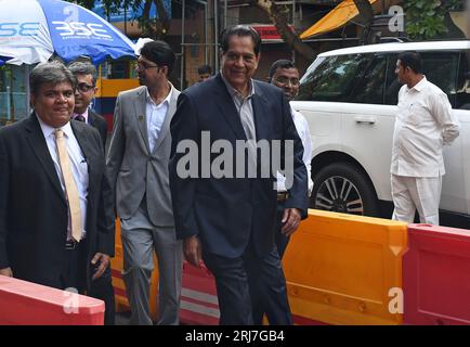 Mumbai, India. 21st Aug, 2023. Independent Director and Non-Executive Chairman, Jio Financial Services Limited (JFSL), KV Kamath arrives at the listing ceremony of Jio Financial Services on the Bombay Stock Exchange (BSE) in Mumbai. Jio Financial Services (JFS) is the subsidiary of the Mukesh Ambani led Reliance Industries, listed for trading at the ceremony held at Bombay Stock Exchange (BSE) in Mumbai. (Photo by Ashish Vaishnav/SOPA Images/Sipa USA) Credit: Sipa USA/Alamy Live News Stock Photo