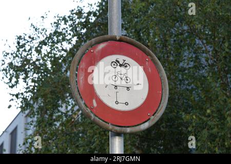 Road traffic sign showing no entry for moped, bicycle, skateboard and scooter. Stock Photo