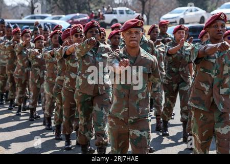 Johannesburg, South Africa. 21st Aug, 2023. Members of the South African Defense Force march into formation as part of a readiness display of the security forces safeguarding the BRICS summit at Innes Free Park on August 21, 2023, in Johannesburg, South Africa. Credit: UPI/Alamy Live News Stock Photo