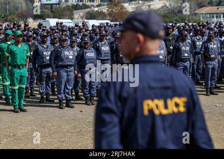 Johannesburg, South Africa. 21st Aug, 2023. Members of the South African Police Force stand in formation during a readiness display of the security forces safeguarding the BRICS summit at Innes Free Park on August 21, 2023, in Johannesburg, South Africa. Credit: UPI/Alamy Live News Stock Photo