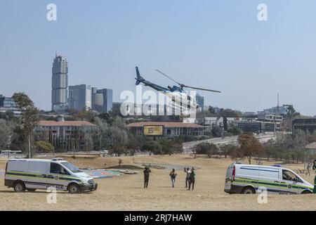 Johannesburg, South Africa. 21st Aug, 2023. A South African Police helicopter takes off following a readiness display of the security forces safeguarding the BRICS summit at Innes Free Park on August 21, 2023, in Johannesburg, South Africa. Credit: UPI/Alamy Live News Stock Photo