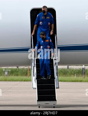 Members of the next NASA-SpaceX crew to fly to the International Space Station, NASA astronaut Jasmin Moghbeli (front) and ESA astronaut Andreas Morgensen step down the Gulfstream aircraft as they arrive at the Kennedy Space Center, Florida on Sunday, August 20, 2023. Photo by Joe Marino/UPI Credit: UPI/Alamy Live News Stock Photo